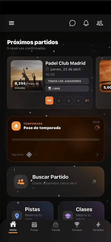 Inicio de la aplicación mobile WeMatch para jugadores